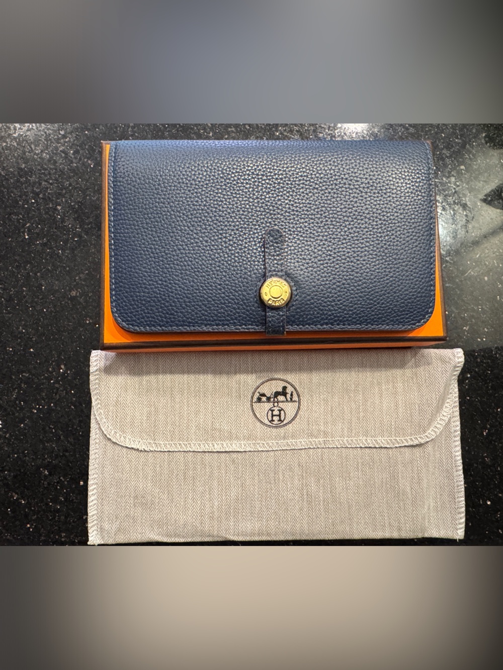 Hermes Navy Pebbled Leather Wallet with Brass Button